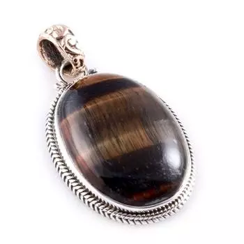 Natural Tiger s Eye Gemstone 925 Sterling Silver Two Tone Pendant 1.5 e5d65