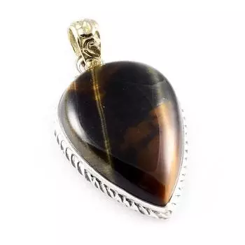 Natural Tiger s Eye Gemstone 925 Sterling Silver Two Tone Pendant 1.5 O1u78