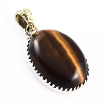 Natural Tiger s Eye Gemstone 925 Sterling Silver Two Tone Pendant 1.5 i2G85