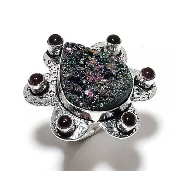 Natural Titanium Druzy, Amethyst Gemstone 925 Sterling Silver Ring Size 10 F0Y70