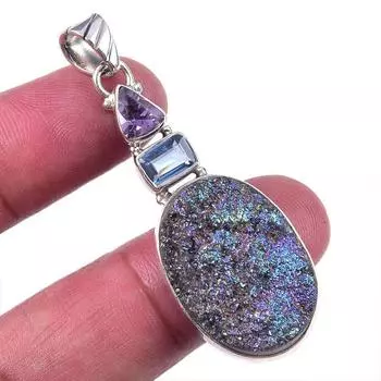 Natural Titanium Druzy,Blue Topaz 925 Solid Sterling Silver Gift Pendant 2 r2z12