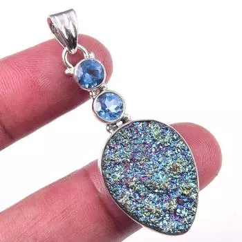 Natural Titanium Druzy,Blue Topaz 925 Solid Sterling Silver Gift Pendant 2 E3c77