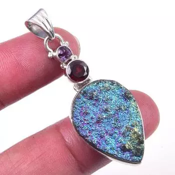 Natural Titanium Druzy,Garnet Gemstone 925 Solid Sterling Silver Pendant 2 r9r28
