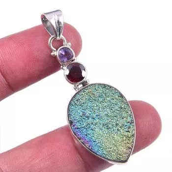 Natural Titanium Druzy,Garnet Gemstone 925 Solid Sterling Silver Pendant 2 E5v98