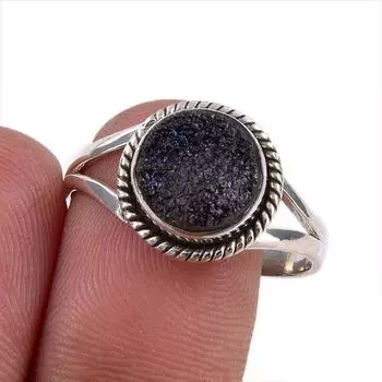 Natural Titanium Druzy Gemstone Handmade 925 Sterling Silver Ring Size 9.5 z6G95