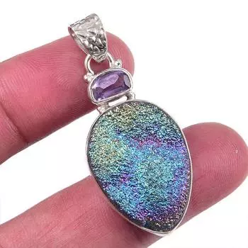 Natural Titanium Druzy,Pink Amethyst 925 Solid Silver Jewelry Pendant 1.75 e1m93