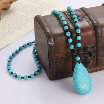 Natural Turquoise Brushed Glass Bead Necklace Retro Turquoise Water Drop Pendant Ethnic Jewelry Women s Necklace