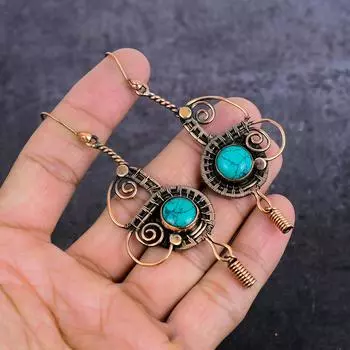 Серьги-обертки из медной проволоки с натуральным бирюзовым драгоценным камнем 3,55 дюйма O3D76