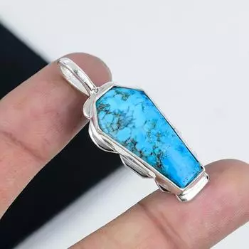 Natural Turquoise Gemstone Pendant 925 Sterling Silver- Handmade Coffin Design, Everyday Wear Jewelry, Unique Turquoise Pendant Gift For Love 2.36 синий