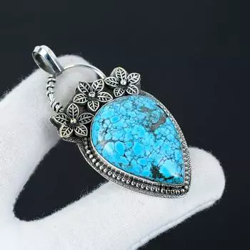 Natural Turquoise Gemstone Silver Pendant in 925 Sterling Silver- Handmade Flower Design, Everyday Wear Jewelry, Unique Pendant Wadding Gift 2.55 синий