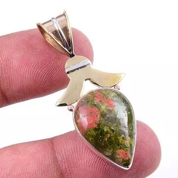 Natural Unakite Gemstone 925 Solid Sterling Silver Two Tone Pendant 1.75 S3T41