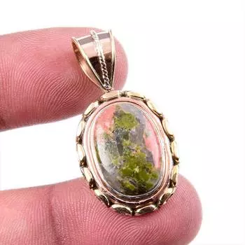 Natural Unakite Gemstone 925 Solid Sterling Silver Two Tone Pendant 1.5 L0p87