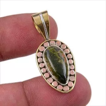 Natural Unakite Gemstone 925 Solid Sterling Silver Two Tone Pendant 1.25 O7L84