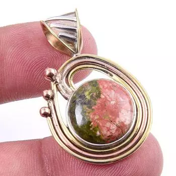 Natural Unakite Gemstone 925 Solid Sterling Silver Two Tone Pendant 1.50 g5g05