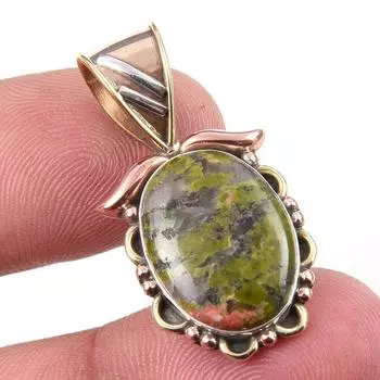 Natural Unakite Gemstone 925 Solid Sterling Silver Two Tone Pendant 1.25 b3j51