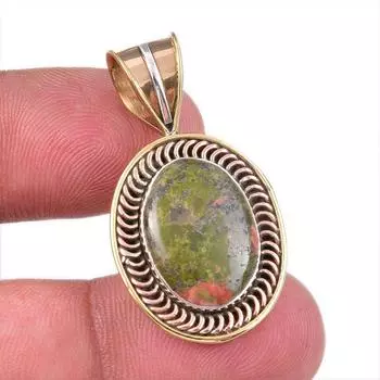 Natural Unakite Gemstone 925 Solid Sterling Silver Two Tone Pendant 1.50 T0c52