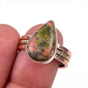 Natural Unakite Gemstone 925 Solid Sterling Silver Two Tone Ring Size 8.5 i9L23