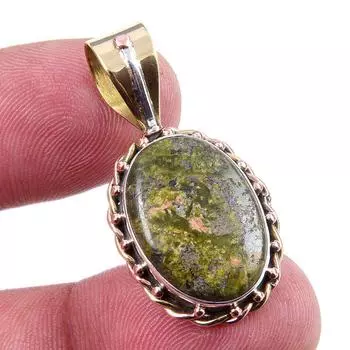 Natural Unakite Gemstone 925 Solid Sterling Silver Two Tone Pendant 1.25 V9g67