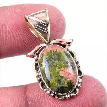Natural Unakite Gemstone 925 Solid Sterling Silver Two Tone Pendant 1.25 N3F93
