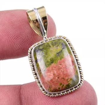 Natural Unakite Gemstone 925 Solid Sterling Silver Two Tone Pendant 1.25 b4B94