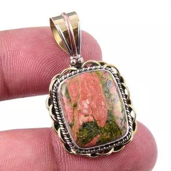 Natural Unakite Gemstone 925 Solid Sterling Silver Two Tone Pendant 1.50 q3O81