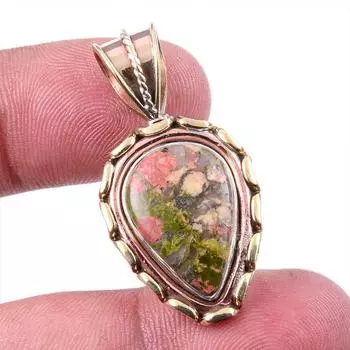 Natural Unakite Gemstone 925 Solid Sterling Silver Two Tone Pendant 1.25 o6T05