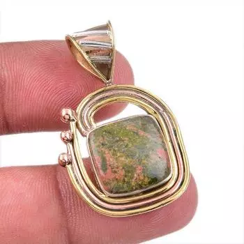 Natural Unakite Gemstone 925 Solid Sterling Silver Two Tone Pendant 1.50 K5W98