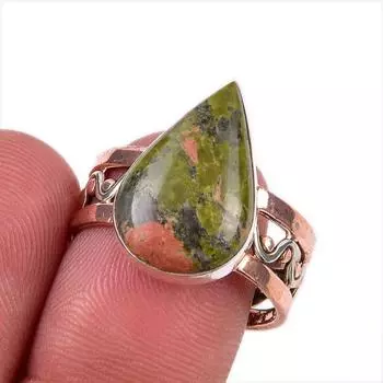 Natural Unakite Gemstone 925 Solid Sterling Silver TwoTone Gift Ring S.8 H9m60