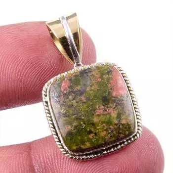 Natural Unakite Gemstone 925 Solid Sterling Silver Two Tone Pendant 1.25 n0o75