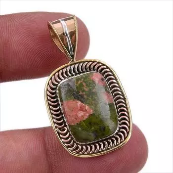Natural Unakite Gemstone 925 Solid Sterling Silver Two Tone Pendant 1.50 O8V00