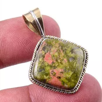 Natural Unakite Gemstone 925 Solid Sterling Silver Two Tone Pendant 1.25 t1u85