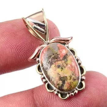 Natural Unakite Gemstone 925 Solid Sterling Silver Two Tone Pendant 1.25 U8D12