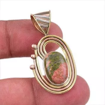 Natural Unakite Gemstone 925 Solid Sterling Silver Two Tone Pendant 1.50 f8J09