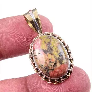 Natural Unakite Gemstone 925 Solid Sterling Silver Two Tone Pendant 1.25 j4b34