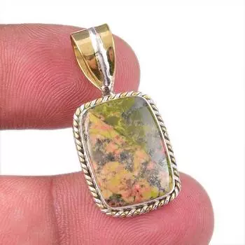 Natural Unakite Gemstone 925 Solid Sterling Silver Two Tone Pendant 1.50 k9b71