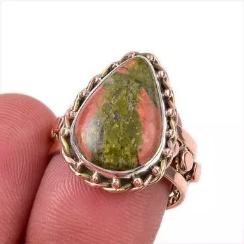 Natural Unakite Gemstone 925 Solid Sterling Silver TwoTone Gift Ring S.6 p0D09
