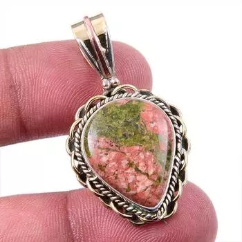 Natural Unakite Gemstone 925 Solid Sterling Silver Two Tone Pendant 1.50 j3h79