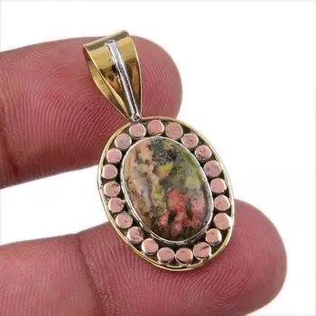 Natural Unakite Gemstone 925 Solid Sterling Silver Two Tone Pendant 1.25 B4f87
