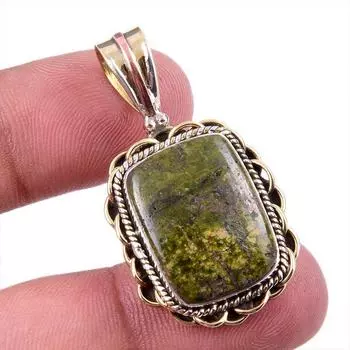 Natural Unakite Gemstone 925 Solid Sterling Silver Two Tone Pendant 1.50 L8v75