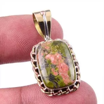 Natural Unakite Gemstone 925 Solid Sterling Silver Two Tone Pendant 1.25 V2J13