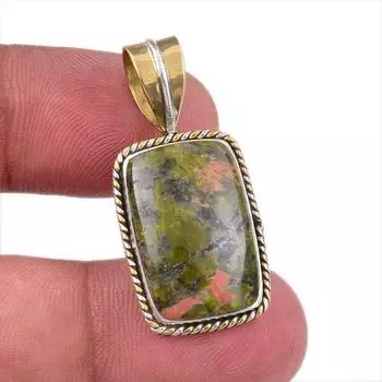 Natural Unakite Gemstone 925 Solid Sterling Silver Two Tone Pendant 1.50 W4t48