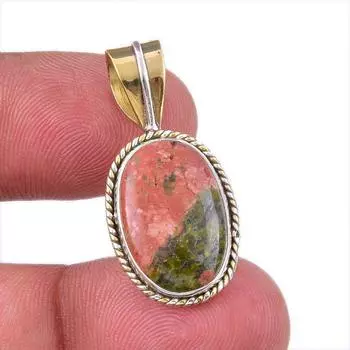 Natural Unakite Gemstone 925 Solid Sterling Silver Two Tone Pendant 1.50 v0D07