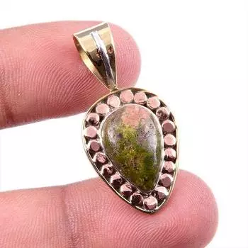 Natural Unakite Gemstone 925 Solid Sterling Silver Two Tone Pendant 1.25 i2p06
