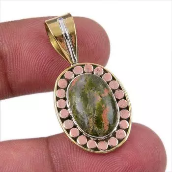 Natural Unakite Gemstone 925 Solid Sterling Silver Two Tone Pendant 1.25 M1y82