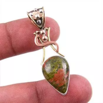 Natural Unakite Gemstone 925 Solid Sterling Silver Two Tone Pendant 1.75 H3V16