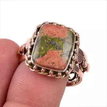 Natural Unakite Gemstone 925 Solid Sterling Silver Two Tone Ring Size 8.5 V6e45