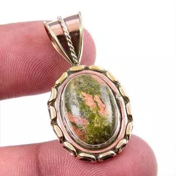 Natural Unakite Gemstone 925 Solid Sterling Silver Two Tone Pendant 1.5 E7Y89