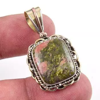Natural Unakite Gemstone 925 Solid Sterling Silver Two Tone Pendant 1.50 o6c84