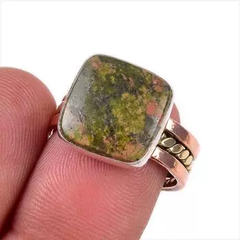 Natural Unakite Gemstone 925 Solid Sterling Silver TwoTone Gift Ring S.7 E9M98