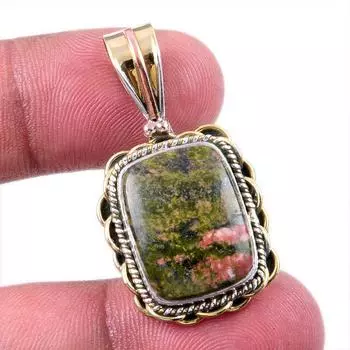 Natural Unakite Gemstone 925 Solid Sterling Silver Two Tone Pendant 1.50 N0L68